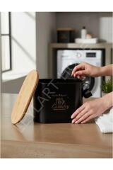 Bambu Kapaklı Metal Bölmeli Ölçekli Toz Deterjanlık, Tablet Saklama Kutusu 12 Lt siyah