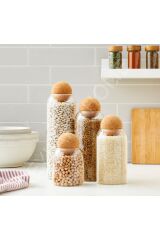 4 Lü Top Mantar Kapaklı Cam Kavanoz Saklama Kabı düz cam