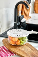 Meyve Sebze Süzgeçli Saklama Kabı Katlanır Kulplu Derin Dondurucu - Buzdolabı Organizeri - Krem