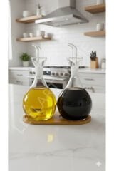 2 Adet 900 ml Borosilikat Tombul Cam Yağdanlık ve bambu Altlık – Yağlık Sirkelik Seti