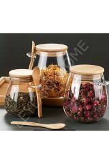 3'lü Tombul Borosilikat Cam Bambu Kapaklı Kavanoz Baharatlık Seti 350 -600-1000 Ml