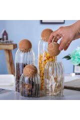 Çizgili Cam Kavanoz Seti 4'lü Top Mantar Kapaklı Baharatlık Seti