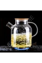 Isı Dayanımiklı Borosilikat Cam Demlik Sürahi – Bambu Kapaklı, Süzgeçli, Soğuk & Sıcak