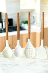 Silikon Bambu Saplı 4 Parça Mutfak Servis Seti Kremrengi (KEPÇE-KAŞIK-KEVGİR-SPATULA)