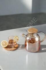 Lüks Borosilikat Cam Amber Bambu Kapaklı Bitki Çayı Demliği & Sürahi 1500 ml