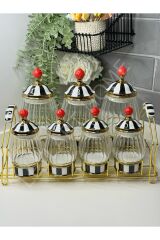 Siyah Beyaz Gold Standlı Porselen Baharatlık Seti 7 adet